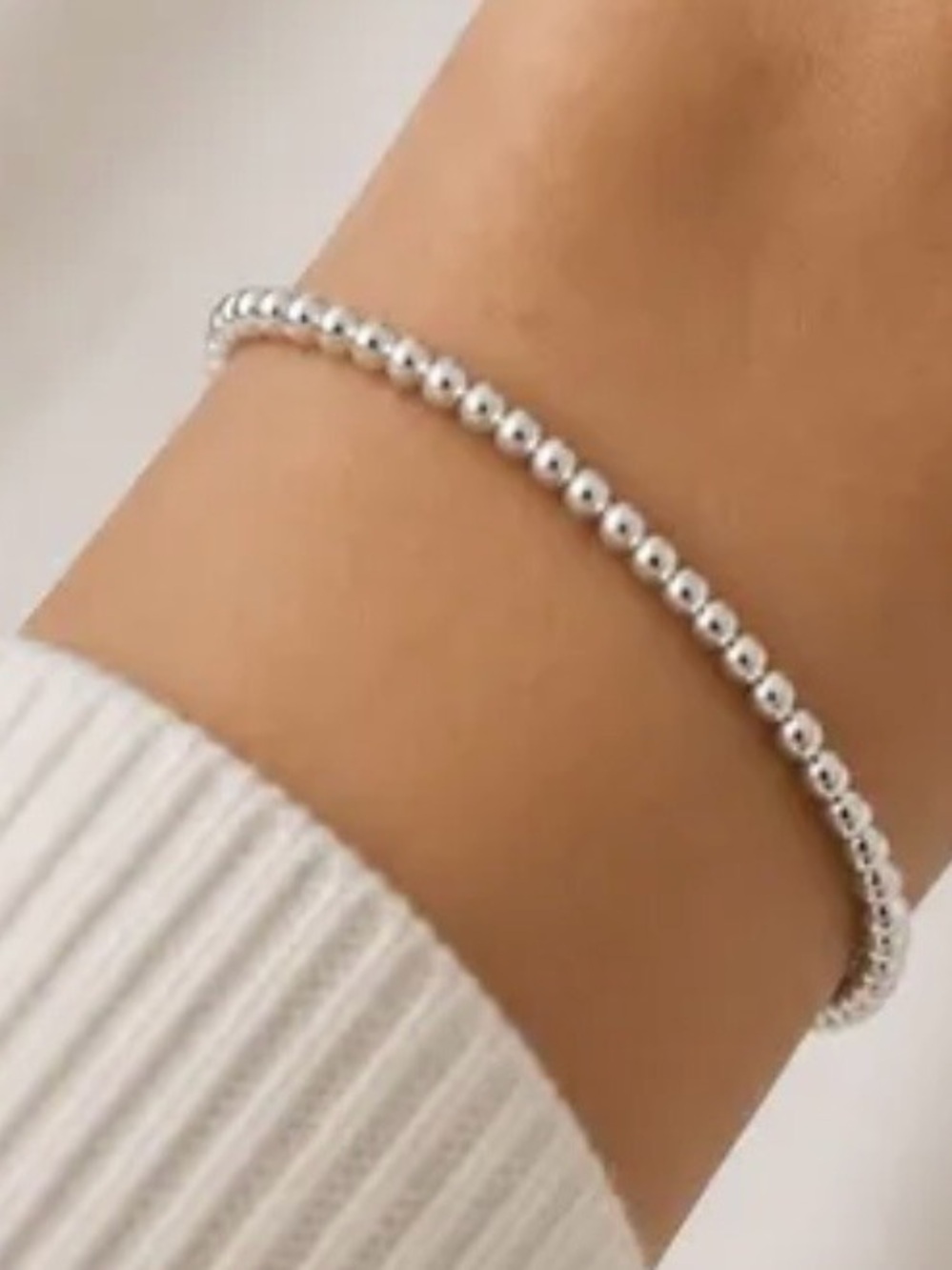 Minimalist White/Silver Elastic Beaded Bracelet - Classic Everyday Style
